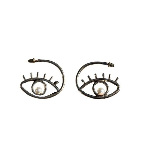 Gold & Pearl Eye Earrings New - Picture 2 of 3